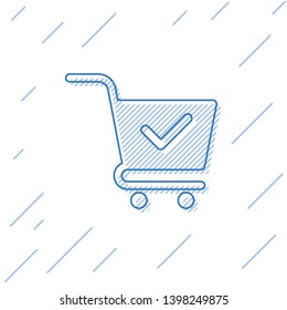 Blue Shopping cart with check mark line icon isolated on white background. Supermarket basket with approved, confirm, done, tick, completed symbol. Vector Illustration