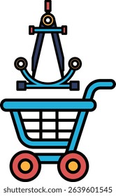 A blue shopping cart with a compass on top of it. The cart is empty. The compass is pointing to the right