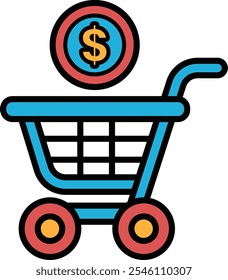 A blue shopping cart with a dollar sign on it. The dollar sign is surrounded by a red circle