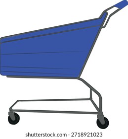 Blue Warenkorb Flat Vector Illustration Einzeln auf weißem Hintergrund, Moderne Supermarkt Trolley Seitenansicht Design für E-Commerce, Online-Shopping, Einzelhandel.