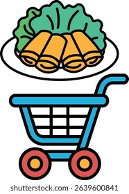 A blue shopping cart with a green leafy vegetable on top of it. The cart is full of food, including a plate of noodles and a bunch of lettuce