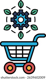A blue shopping cart with a green leafy design on it. The cart is full of gears and wheels