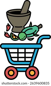 A blue shopping cart with a green lizard on it. The cart is full of vegetables and spices