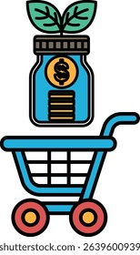 A blue shopping cart with a green plant and a dollar sign on top of it. Concept of saving money and investing in a plant