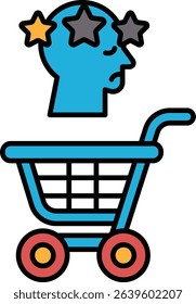 A blue shopping cart with a head on it and stars. The head is sad and the stars are scattered around it