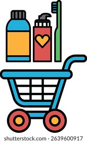 A blue shopping cart with a heart on it and a toothbrush and a bottle of shampoo. The cart is full of items for personal care