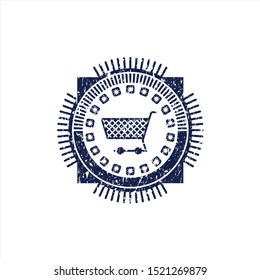 Blue shopping cart icon inside distress rubber grunge texture stamp