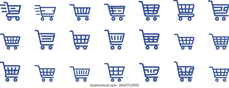 Blue shopping cart icon vector set. Supermarket trolley, checkout basket, store cart on isolated background.