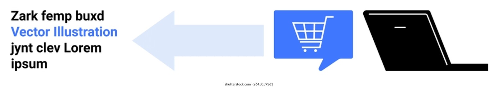 Carrinho de compras azul dentro da bolha de fala, laptop preto, seta azul com espaços reservados para texto. Ideal para e-commerce, compras on-line, marketing digital, web design, experiência do usuário, tecnologia, pouso