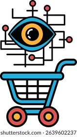 A blue shopping cart with a large eye on it. The eye is surrounded by a red and yellow circle