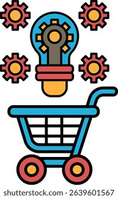 A blue shopping cart with a light bulb on top and a bunch of gears around it. Concept of innovation and creativity