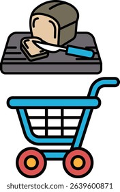 A blue shopping cart with a loaf of bread and a knife on top of it. Concept of preparing a meal, possibly a sandwich