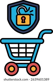 A blue shopping cart with a lock on the handle. The lock is positioned on the handle of the cart, which is designed to keep the contents of the cart secure. The cart is a common sight in stores