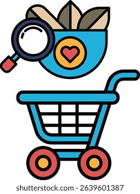 A blue shopping cart with a magnifying glass on top of it. The cart is filled with various items, including a heart