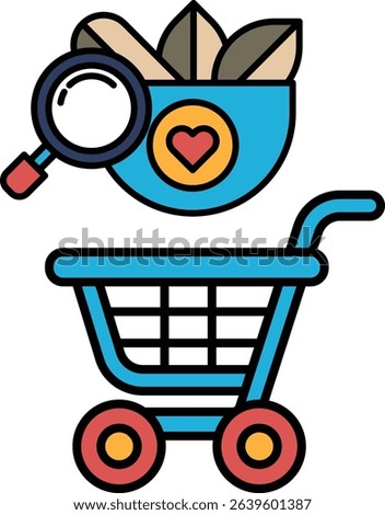 A blue shopping cart with a magnifying glass on top of it. The cart is filled with various items, including a heart