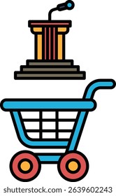 A blue shopping cart with a microphone and podium on top. The podium is on top of a set of stairs