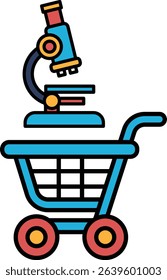 A blue shopping cart with a microscope on top. The cart is empty