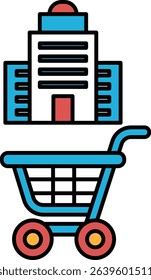A blue shopping cart is next to a building. The cart is empty. The building is tall and has a red door