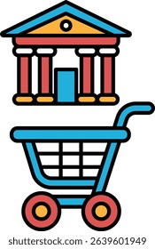 A blue shopping cart is next to a building with a red and yellow roof. The cart is empty