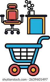 A blue shopping cart is next to a desk with a chair and a coffee mug. The scene is set in a home office or a small workspace