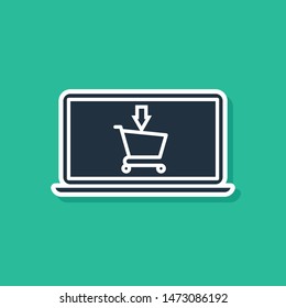 Blue Shopping cart on screen laptop icon isolated on green background. Concept e-commerce, e-business, online business marketing. Vector Illustration Blue Shopping cart on screen laptop icon isolated on green background. Concept e-commerce, e-business, online business marketing. Vector Illustration