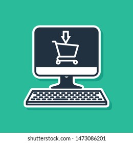 Blue Shopping cart on screen computer icon isolated on green background. Concept e-commerce, e-business, online business marketing.  Vector Illustration