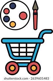 A blue shopping cart with a paint palette and a paintbrush on it. The cart is full of art supplies