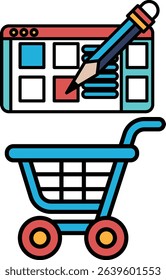 A blue shopping cart with a pencil on it. The pencil is on a screen that has a shopping cart on it