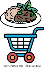 A blue shopping cart with a plate of food on top of it. The plate has a variety of food items, including rice, beans, and vegetables. The cart is placed in front of a white background