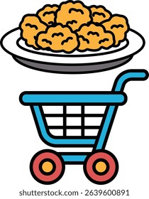 A blue shopping cart with a plate of food on top of it. The plate has a variety of food items, including fried chicken