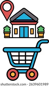 A blue shopping cart with a red arrow pointing to a house. The cart is in front of a building with a blue roof