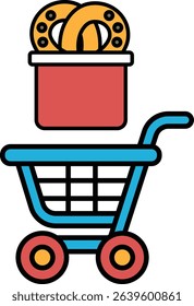 A blue shopping cart with a red box on top of it. The box is filled with doughnuts