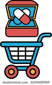 A blue shopping cart with a red and blue box on top of it. The box contains pills