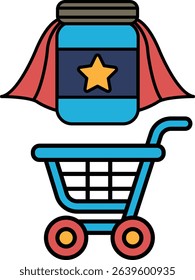 A blue shopping cart with a red cape on top of it. A jar with a star on it is also on the cart