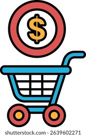 A blue shopping cart with a red circle and a dollar sign on it. Concept of simplicity and minimalism