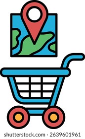 A blue shopping cart with a red dot on it and a map of the world behind it. The cart is in front of a green and blue box