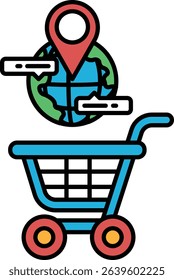 A blue shopping cart with a red and green globe on top of it. The cart is in front of a map of the world