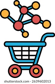 A blue shopping cart with a red handle and yellow and orange spheres on it. The cart is filled with molecules