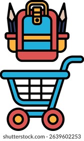 A blue shopping cart with a red handle and a blue bag on top of it. The bag contains pencils and a backpack