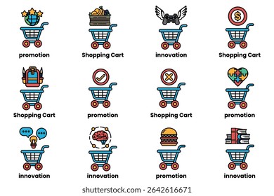 A blue shopping cart with a red sign that says "no shopping cart." The cart is surrounded by various other shopping cart icons, each with a different color and design. Scene is one of caution