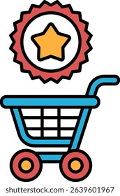 A blue shopping cart with a red star on it. The cart is empty. The cart is a symbol of shopping and the star is a symbol of achievement