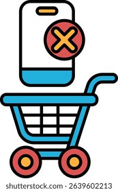 A blue shopping cart with a red X on it. The cart is empty