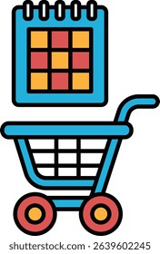 A blue shopping cart with a red and yellow calendar on top. The cart is empty. The calendar is square and has a red and yellow design