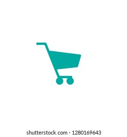 Blue shopping cart. Simple icon isolated on white background. Store trolley with wheels. Fat vector Illustration. Good for web and mobile design.