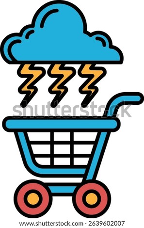 A blue shopping cart with a storm cloud above it. The storm cloud is filled with lightning bolts