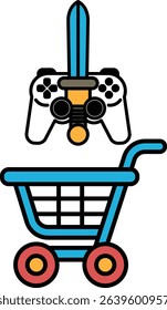 A blue shopping cart with a sword and a video game controller on top of it. The sword is pointing to the controller, which is also pointing to the shopping cart
