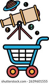A blue shopping cart with a telescope on top of it. The cart is filled with various items, including a few small planets. Concept of curiosity and wonder