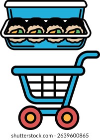 A blue shopping cart with a tray of sushi in it. The cart is empty