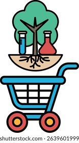 A blue shopping cart with a tree and a lab bench on it. The cart is filled with various items, including a bottle of blue liquid, a bottle of red liquid, and a bottle of green liquid