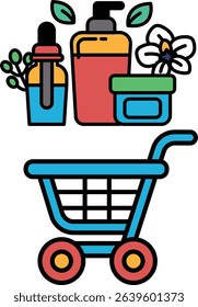 A blue shopping cart with a variety of beauty products including lotion, shampoo, and perfume. The cart is filled with items that are meant to be used for personal care and grooming